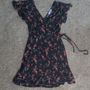 Kaileigh Black Dress with Red Floral Design
